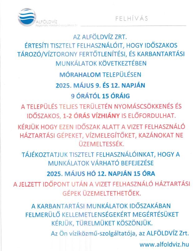 2025. május 9-én és 12-én karbantartást végez Mórahalomon az Alföldvíz Zrt.