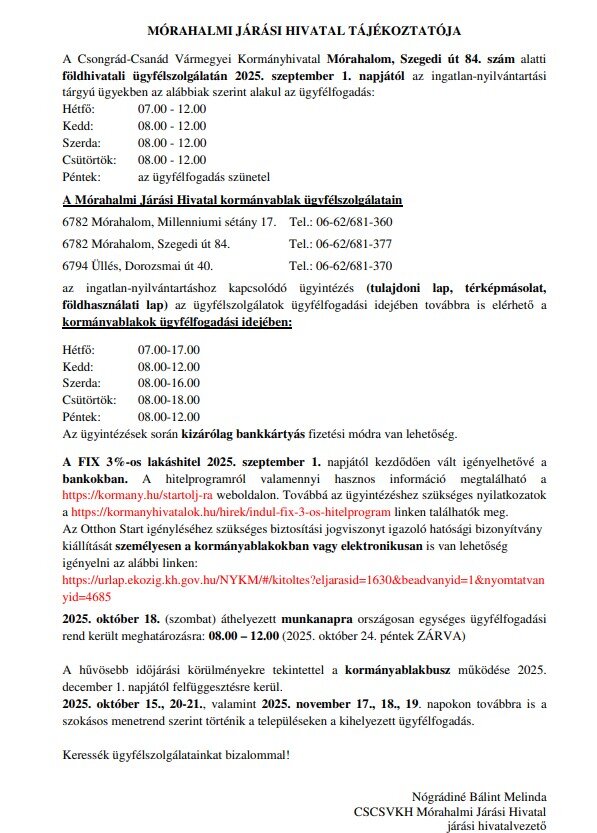A Mórahalmi Járási Hivatal tájékoztatója